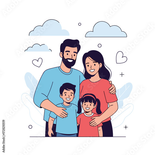 A happy family with two children smiles warmly while being surrounded by gentle clouds and protective hands.