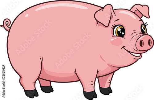 Cute cartoon pink pig illustration, smiling farm animal character, adorable vector drawing, children’s storybook design, playful domestic pig clipart, friendly mascot graphic