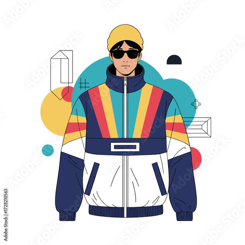 A stylish person wearing a retro colorful jacket and a yellow cap.