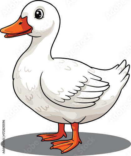 Cute cartoon white duck illustration, adorable farm bird character, isolated vector animal drawing, children’s storybook design, playful waterfowl clipart, web graphic