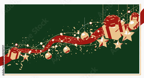 Elegant Christmas holiday design with gifts, stars, ornaments, and festive ribbon on a vibrant green background