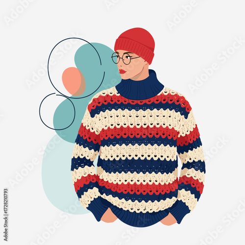 A stylish person wearing a striped knitted turtleneck sweater and a red beanie hat.