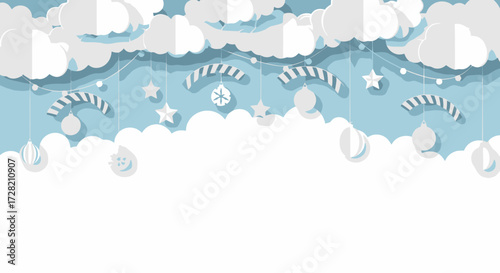 Elegant paper clouds and ornaments design, perfect for holiday cards, winter promotions, and festive seasonal events with a clean aesthetic