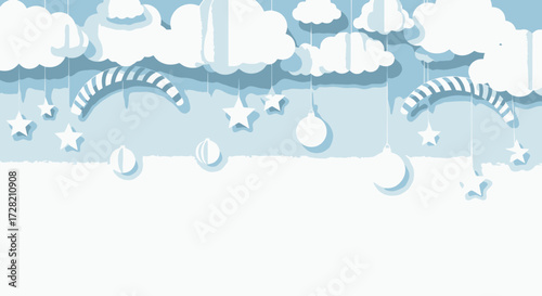 Delicate paper cut art of clouds, stars, and ornaments creates dreamy, whimsical atmosphere for baby's nursery