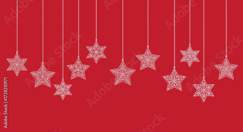 Festive red background with hanging white stars perfect for holiday designs, Christmas cards, and seasonal promotions