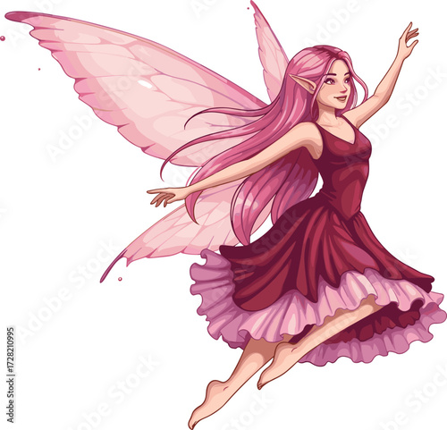 Pink fairy illustration, flying magical elf girl with wings, fantasy woodland sprite character, enchanted princess artwork, whimsical mythical creature design