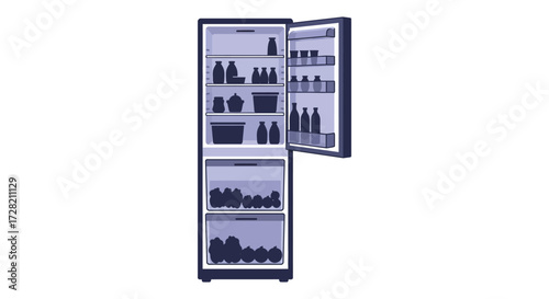 Open refrigerator with food items inside simple illustrative style silhouette