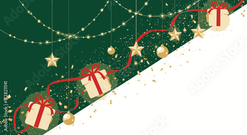 Elegant Christmas background with sparkling lights, gift boxes, golden stars, and ribbons on a festive green and white backdrop
