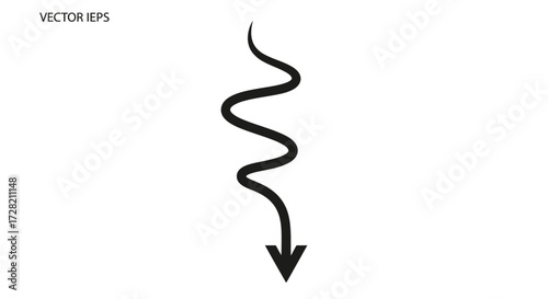 Dynamic black downward arrow with wavy line for modern design, direction, or creative concepts on clean white backdrop