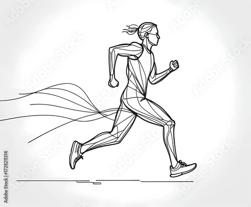 Continuous line art of a person running, minimal abstract outline