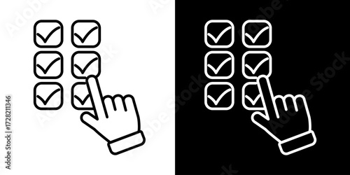 Single icon of Hand clicking on a checkbox in a list, representing task completion, survey, or selection. Outline icon for user interface design