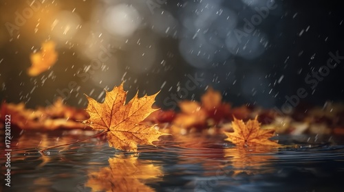 Web banner featuring autumn maple leaves in red and yellow, soft focus light, and bokeh background. Designed for end of year activities and seasonal campaigns. Use for websites, blogs,