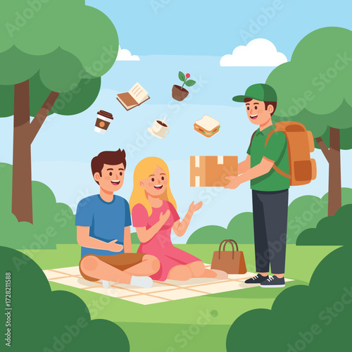 Delivery person bringing a box to a couple having a picnic in a park with floating items above them