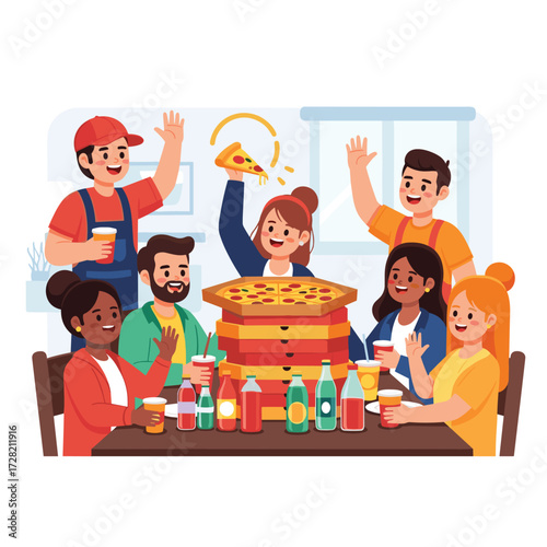 Group of friends celebrating with pizza and drinks at a table in a bright and cheerful setting