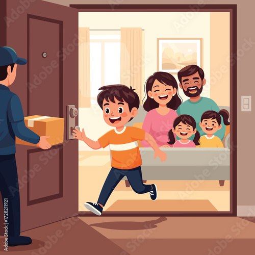 A delivery man bringing a package to a happy family with a child running to the door to receive it
