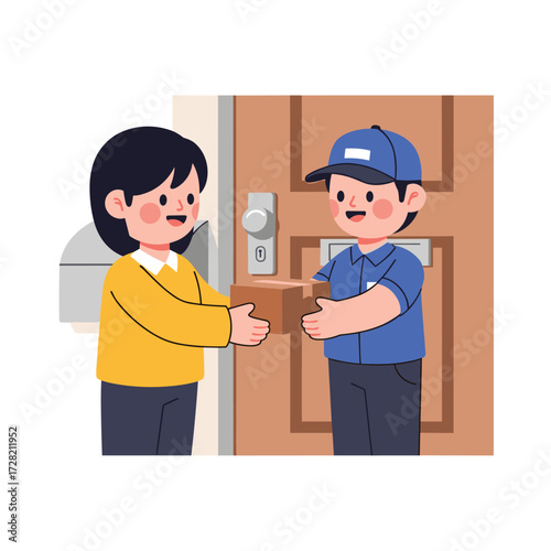 Delivery man handing a package to a woman at her front door in a cartoon vector illustration