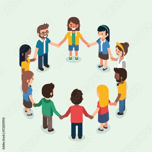 Isometric illustration of diverse people holding hands in a circle on a light background