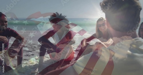 Travel ad featuring five friends arriving sunlit beach, unrolling towels and sipping bottled drink