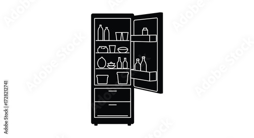 Open refrigerator with food inside a simple graphic design silhouette