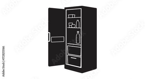 Open refrigerator with food inside simplistic black and white silhouette