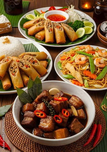 Delicious filipino dishes featuring adobo pork lumpia and pancit served on a wooden table top