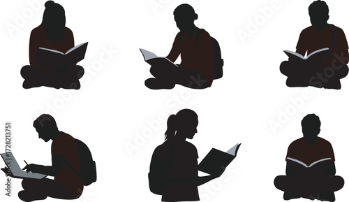 Student silhouette set, reading books, writing notes, using laptops, backpack icons, black vector illustration for education, study, research, school, learning
