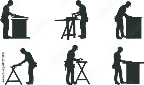 Woodworking silhouette icons, carpenter using hand tools, sawing, chiseling, drilling, sanding, marking, measuring, black vector set for construction, DIY, craftsmanship