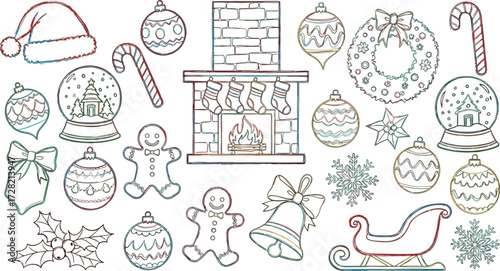 Vector art of christmas elements collection including fireplace, wreath, ornaments, and santa hat