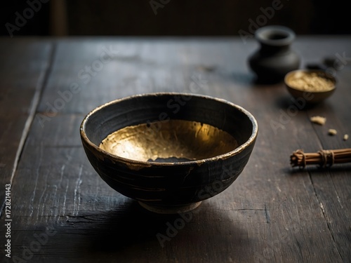 Hyperrealistic tea bowl, pitted black ceramic, quiet elegance.