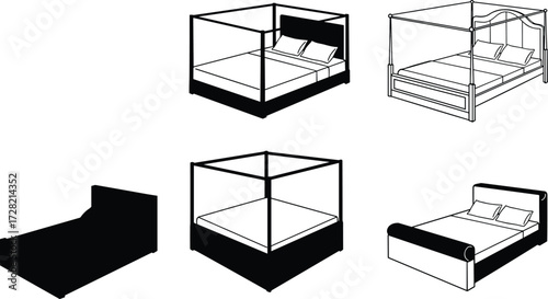 Bed silhouettes, canopy beds, black furniture, modern design, abstract shapes, interior decor, minimalist style, isolated beds, white background, headboard variation
