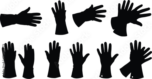 Glove silhouette collection, black handwear icons, various poses and styles, isolated on white background, vector illustration, fashion and safety accessories