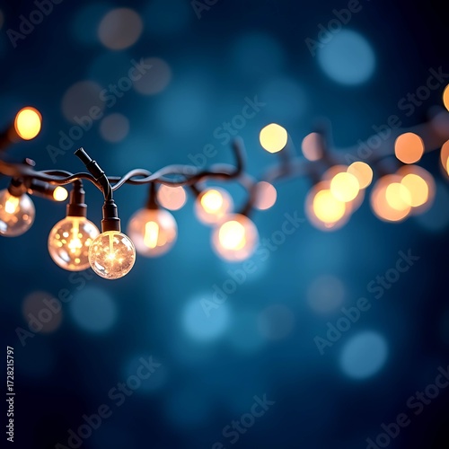 Dreamy Christmas garland lights bokeh on dark blue background with large soft glowing orbs festive holiday illumination and decoration blur ideal for greeting cards banners web headers.