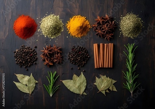 Various spices and herbs arranged on a dark wooden surface creating a vibrant display of flavors