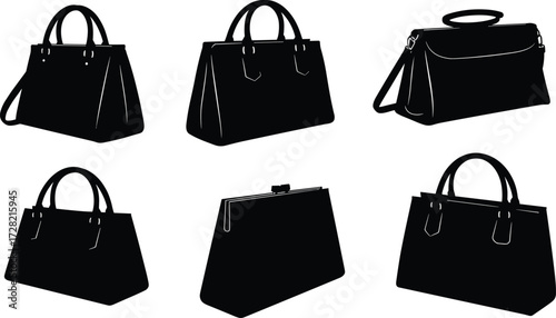 Handbag silhouette collection, black purse icons, fashion bag shapes, vector handbag design, clutch and tote styles, isolated accessory, minimalist illustration