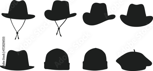 Hat silhouette collection, black fashion icons, cowboy, beanie, beret styles, isolated on white background, vector illustration, headwear accessory set
