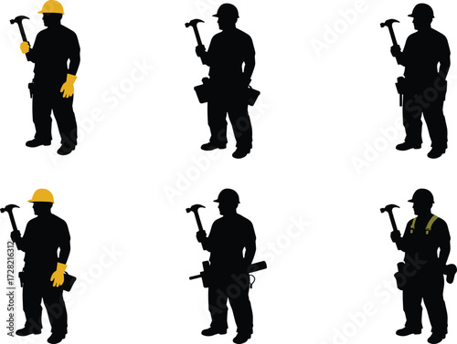 Construction worker silhouette, hammer tool, safety gear, hard hat, industrial labor, building site, manual work, blueprint, gloves, uniform