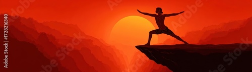 Wallpaper Mural Vibrant sunset backdrop with silhouette of person practicing yoga on rocky ledge in warm orange and red tones, peaceful outdoor scenery Torontodigital.ca