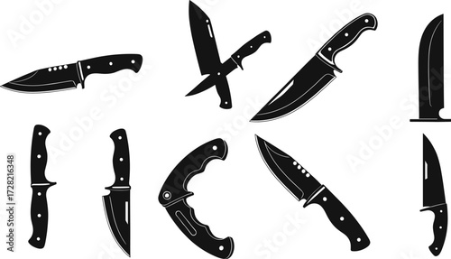 Knife silhouettes collection, black blade icons, tactical knives set, isolated on white background, outdoor tools, vector design, sharp equipment