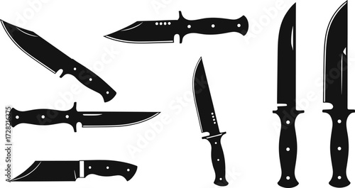 Knife silhouettes set, black blade icons, various knife designs, isolated on white background, tactical tools, vector illustration, sharp equipment