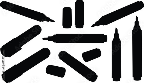 Marker and pen silhouettes, chisel and fine tips, scattered arrangement, black icons, isolated on white background, art and design tools