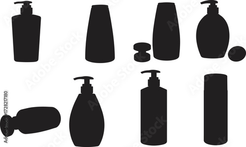 Personal care container silhouette, cosmetic bottle shapes, black packaging mockup, lotion and shampoo design, minimal layout, isolated on white background