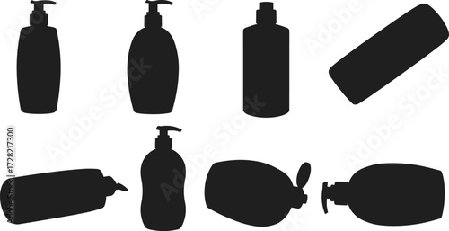 Plastic bottle silhouette, personal care packaging, shampoo and lotion container shapes, black mockup design, minimal cosmetic layout, isolated on white