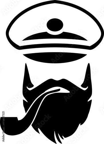 Logo of a strong bearded captain wearing a sailor hat and smoking a pipe in a vintage nautical style illustration