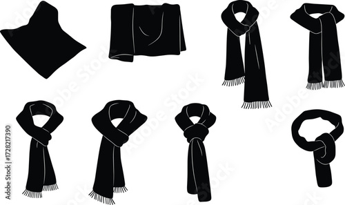 Scarf knot silhouette collection, black fashion icons, various tying styles, isolated on white background, vector illustration, winter accessories, neckwear design