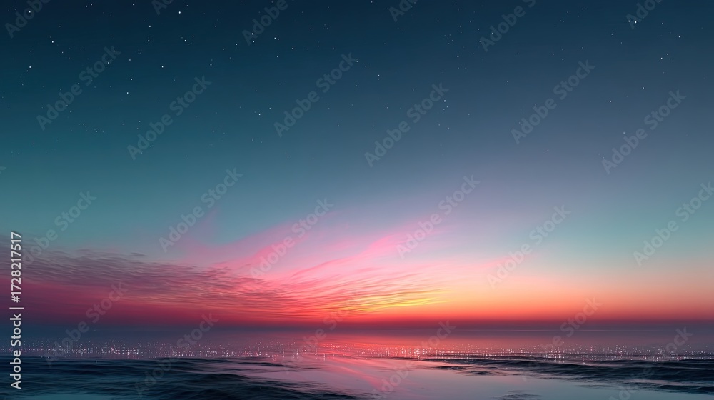 Fototapeta premium Vibrant Gradient Sky Blending Deep Orange Hues and Light Blue with a Starry Night Above Reflected in Water