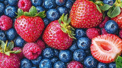 Freshly Washed Berries: Strawberries, Raspberries, and Blueberries with Water Droplets