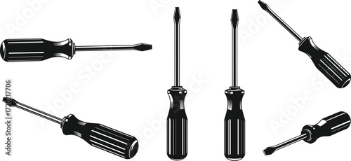 Screwdriver silhouettes set, black tool icons, flathead and Phillips designs, isolated on white background, mechanical equipment, vector illustration, repair tools