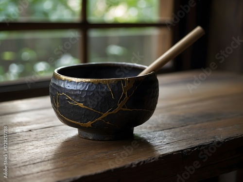 Antique Kintsugi lines tracing a matte black Raku bowl.