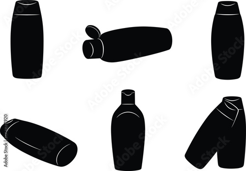 Shampoo bottle silhouette, lotion container shapes, black packaging design, personal care product mockup, minimal cosmetic layout, isolated on white background