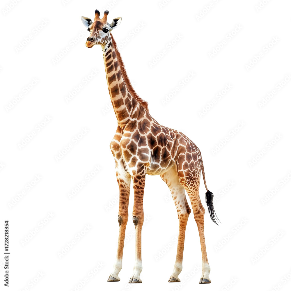 Naklejka premium Young Giraffe on Black Background Wildlife Animal Portrait isolated on a white background